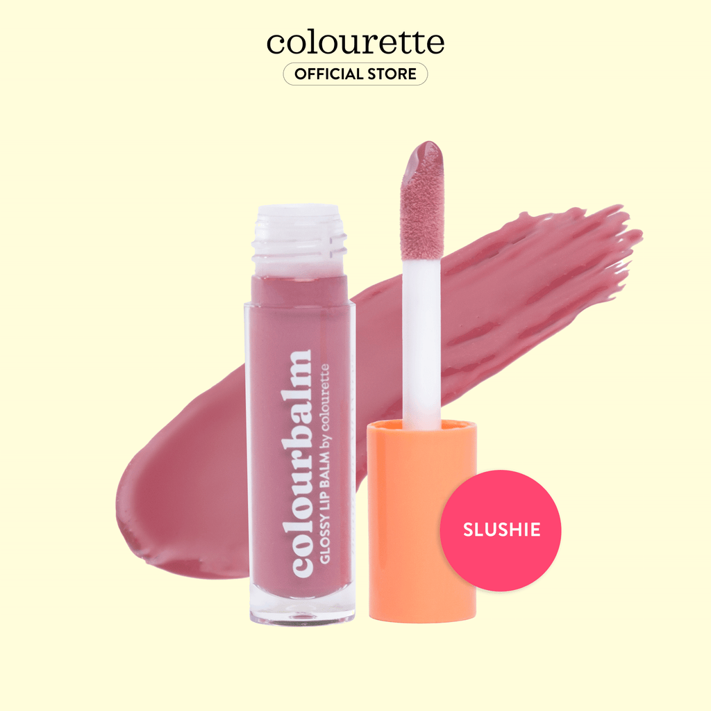 Isolated image of Colourette Cosmetics Colourbalm in shade Slushie, a dual-purpose lip balm and light gloss. The product is showcased in sleek, leak-proof tube packaging, equipped with a thick doe-foot applicator for precise application. Its creamy and glossy texture, formulated with vegan and cruelty-free ingredients including Candelilla Wax and infused with Vitamin E, promises to hydrate and nourish lips. Perfect for those seeking an everyday, natural-looking color and gloss.
