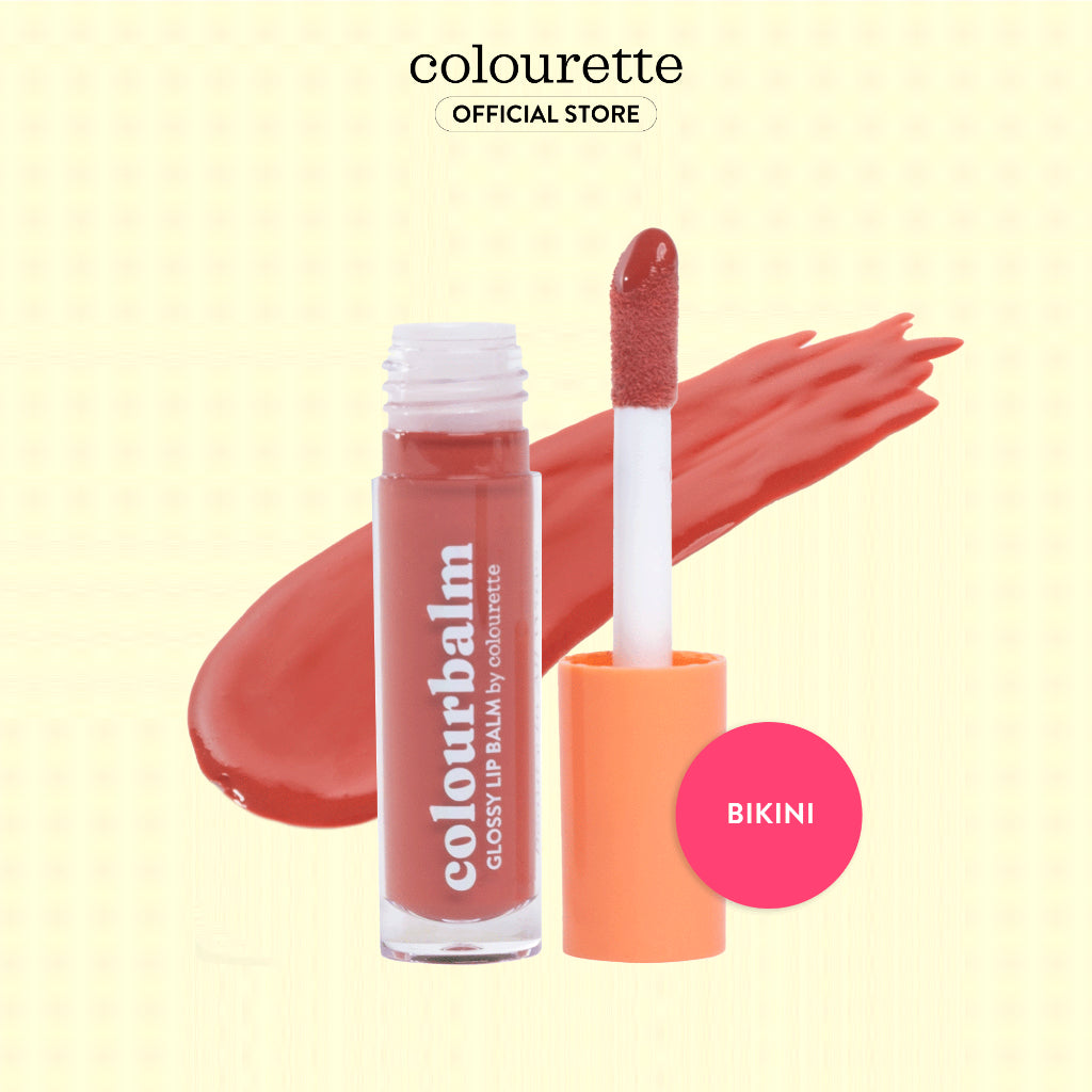 Isolated image of Colourette Cosmetics Colourbalm in shade Bikini, a dual-purpose lip balm and light gloss. The product is showcased in sleek, leak-proof tube packaging, equipped with a thick doe-foot applicator for precise application. Its creamy and glossy texture, formulated with vegan and cruelty-free ingredients including Candelilla Wax and infused with Vitamin E, promises to hydrate and nourish lips. Perfect for those seeking an everyday, natural-looking color and gloss.