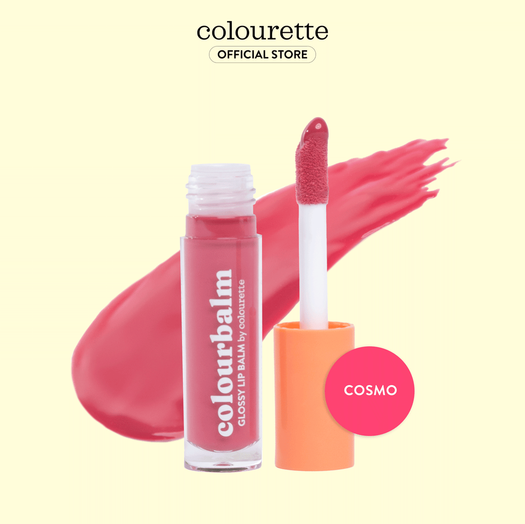 Isolated image of Colourette Cosmetics Colourbalm in shade Cosmo, a dual-purpose lip balm and light gloss. The product is showcased in sleek, leak-proof tube packaging, equipped with a thick doe-foot applicator for precise application. Its creamy and glossy texture, formulated with vegan and cruelty-free ingredients including Candelilla Wax and infused with Vitamin E, promises to hydrate and nourish lips. Perfect for those seeking an everyday, natural-looking color and gloss.