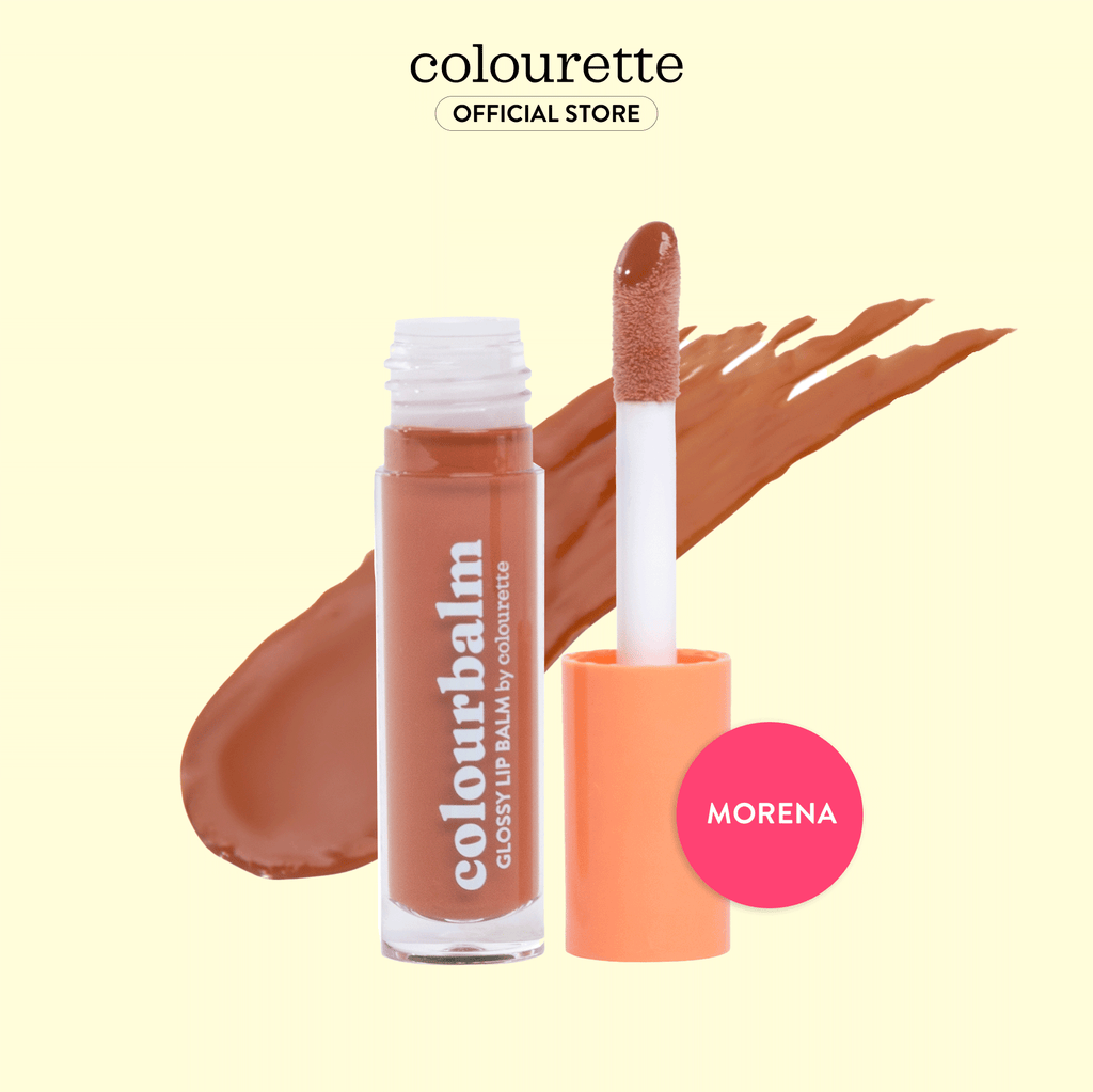 Isolated image of Colourette Cosmetics Colourbalm in shade Morena, a dual-purpose lip balm and light gloss. The product is showcased in sleek, leak-proof tube packaging, equipped with a thick doe-foot applicator for precise application. Its creamy and glossy texture, formulated with vegan and cruelty-free ingredients including Candelilla Wax and infused with Vitamin E, promises to hydrate and nourish lips. Perfect for those seeking an everyday, natural-looking color and gloss.