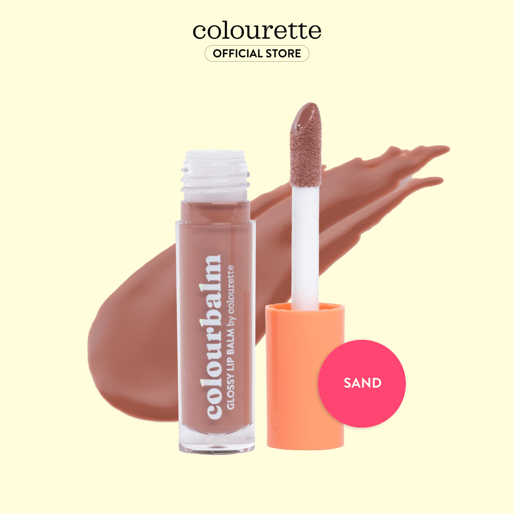 Isolated image of Colourette Cosmetics Colourbalm in shade Sand, a dual-purpose lip balm and light gloss. The product is showcased in sleek, leak-proof tube packaging, equipped with a thick doe-foot applicator for precise application. Its creamy and glossy texture, formulated with vegan and cruelty-free ingredients including Candelilla Wax and infused with Vitamin E, promises to hydrate and nourish lips. Perfect for those seeking an everyday, natural-looking color and gloss.