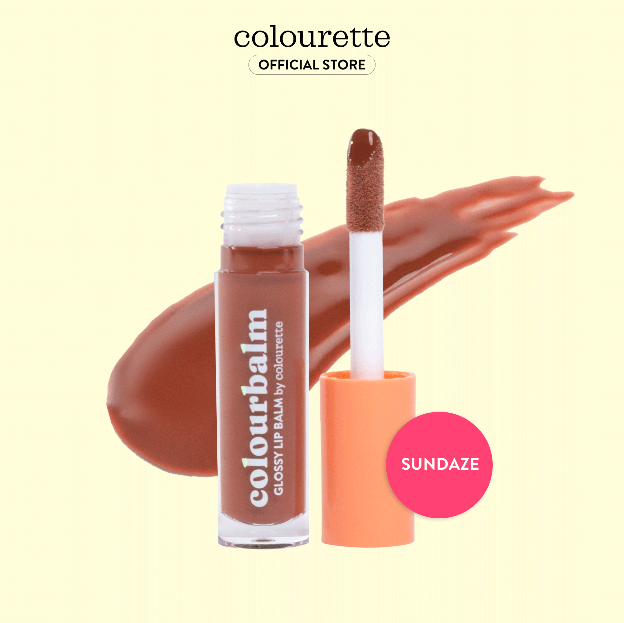 Isolated image of Colourette Cosmetics Colourbalm in shade Sundaze, a dual-purpose lip balm and light gloss. The product is showcased in sleek, leak-proof tube packaging, equipped with a thick doe-foot applicator for precise application. Its creamy and glossy texture, formulated with vegan and cruelty-free ingredients including Candelilla Wax and infused with Vitamin E, promises to hydrate and nourish lips. Perfect for those seeking an everyday, natural-looking color and gloss.
