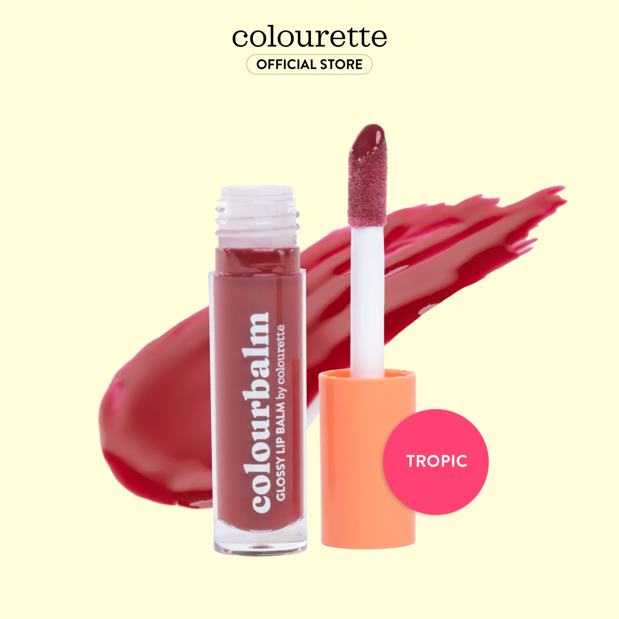 Isolated image of Colourette Cosmetics Colourbalm in shade Tropic, a dual-purpose lip balm and light gloss. The product is showcased in sleek, leak-proof tube packaging, equipped with a thick doe-foot applicator for precise application. Its creamy and glossy texture, formulated with vegan and cruelty-free ingredients including Candelilla Wax and infused with Vitamin E, promises to hydrate and nourish lips. Perfect for those seeking an everyday, natural-looking color and gloss.